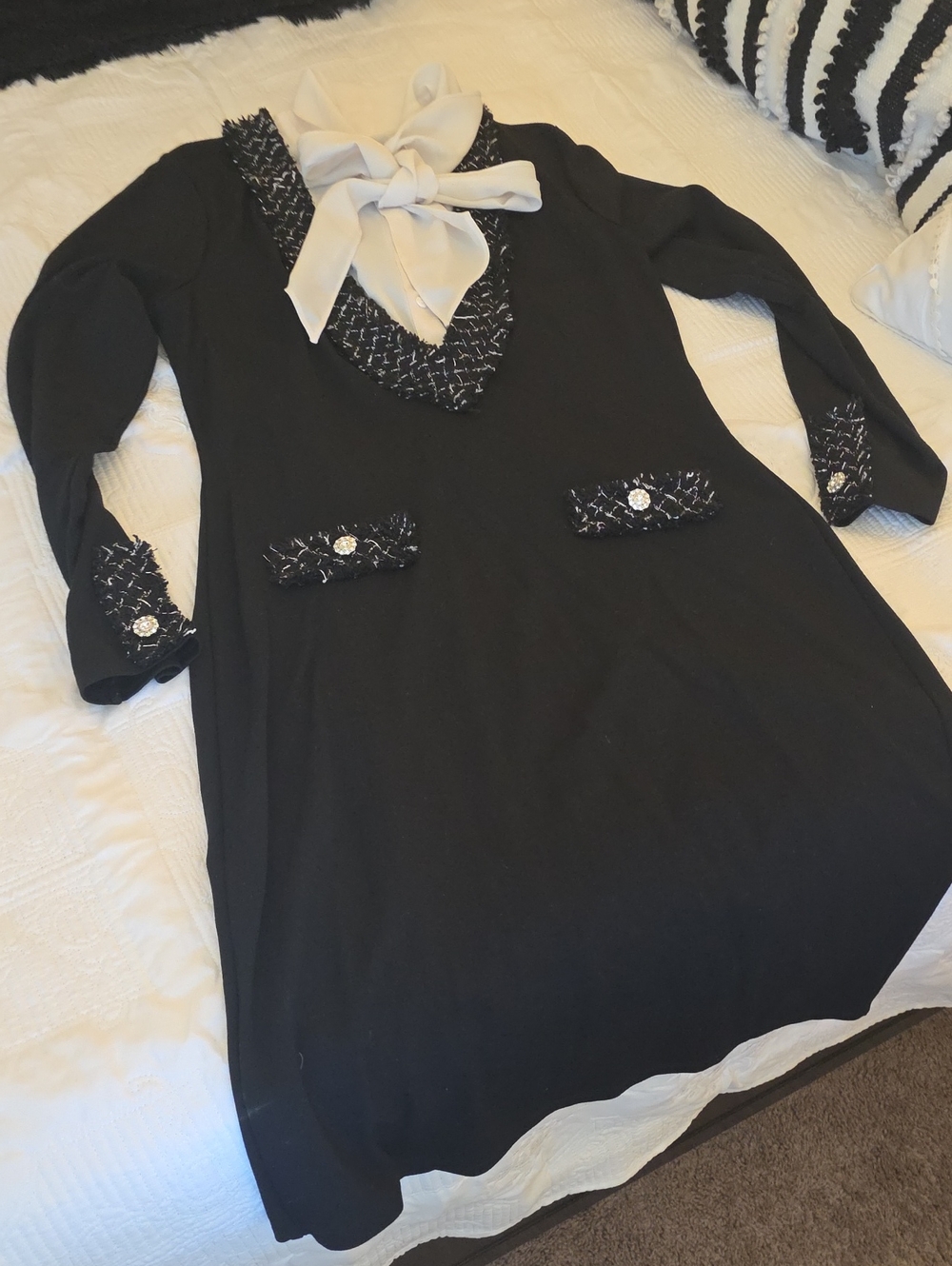 VENUS Black Tunic with Cream Neck Bow and Tweed Accents